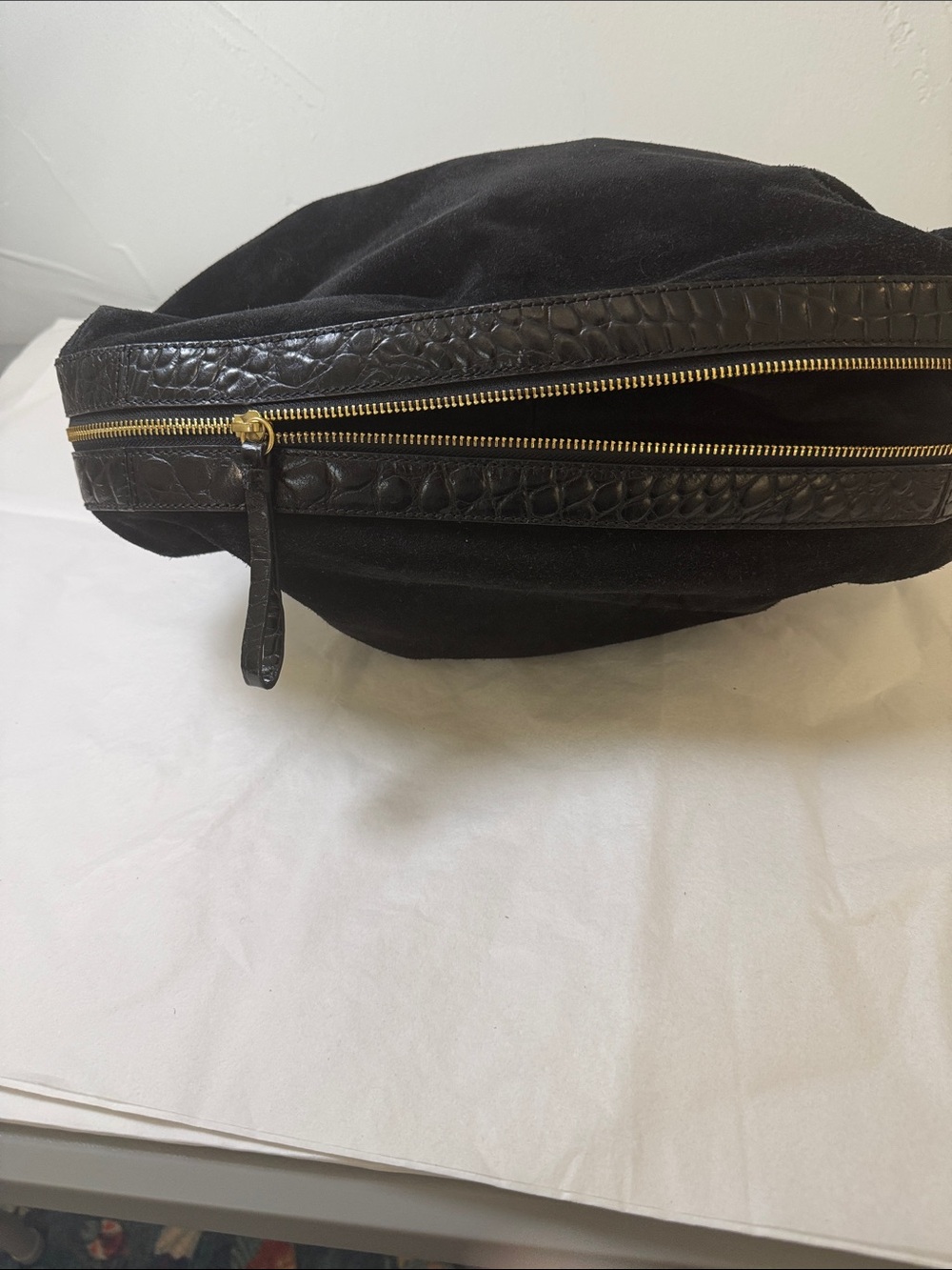 Cole Haan Black Suede Drawstring Shoulder Bag with Gold Hardware - Picture 4 of 12